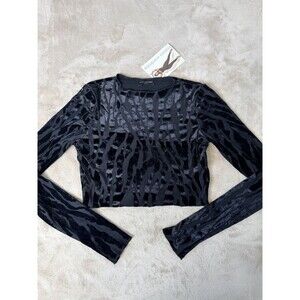 Naked Wardrobe Women’s Black Velvet Animal Print Crop Top Long Sleeve Size L